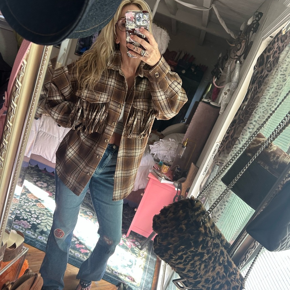 Fashion Nova Brown Plaid Fringe Button-Down Shirt Jacket
